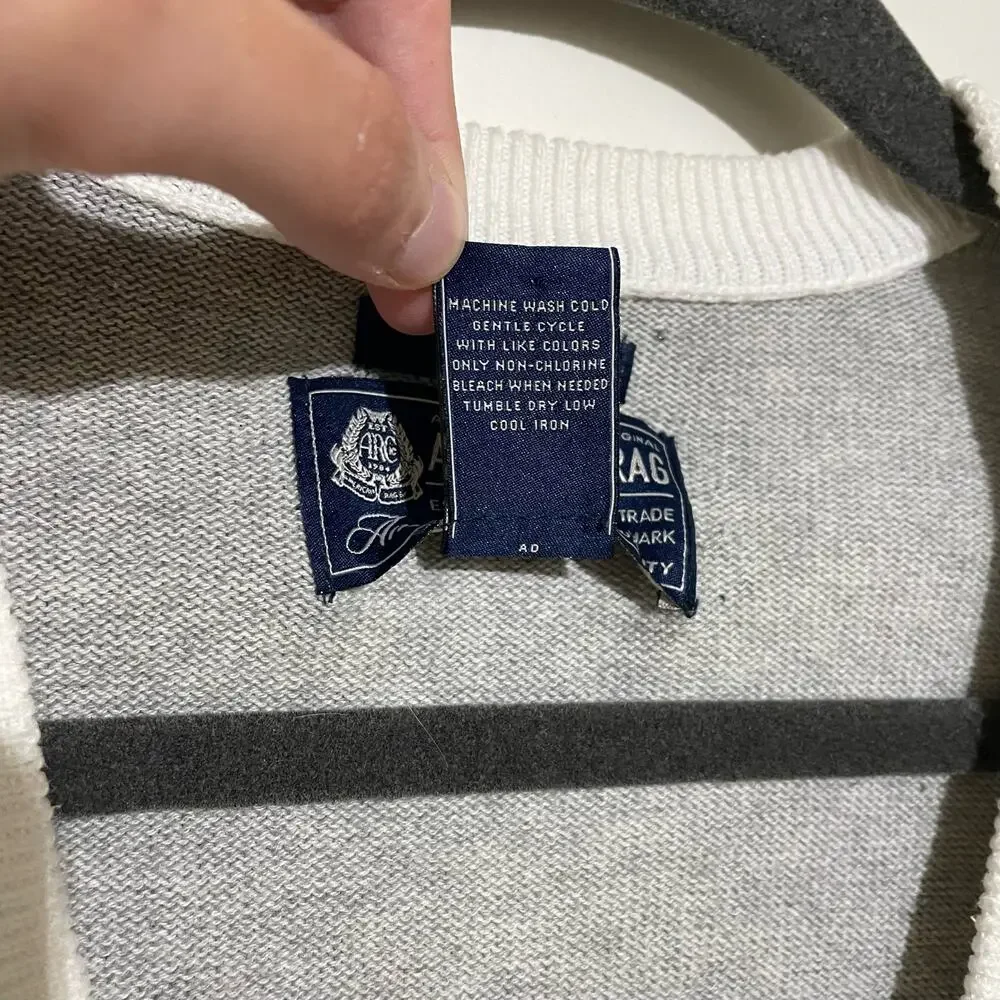 Vintage American Rag Gray White Striped Cardigan Button Up Medium Academia Ivy